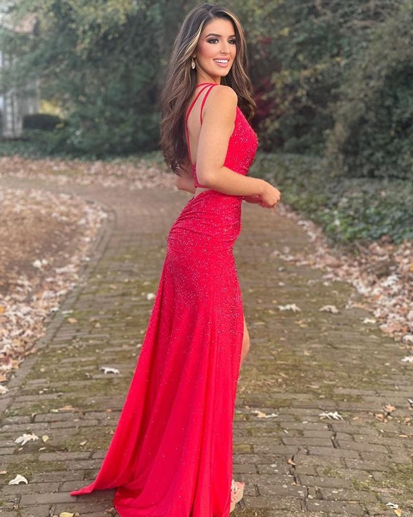 One Shoulder Beaded Jersey Mermaid Prom Dresses