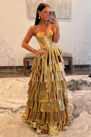 Unique Gold Strapless Ruffle Tiered Satin Long Prom Dress