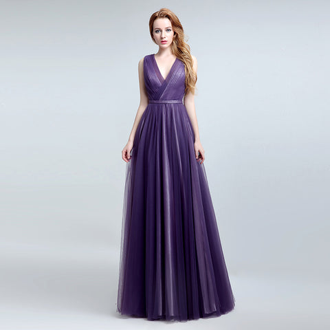 Elegant Sleeveless V - Neck Purple Maxi Dress with Flowing Tulle Prom Dress,LX148