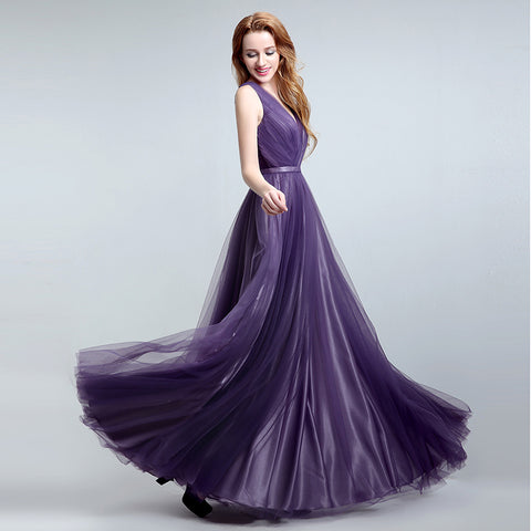 Elegant Sleeveless V - Neck Purple Maxi Dress with Flowing Tulle Prom Dress,LX148