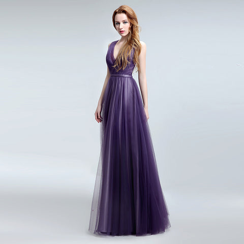 Elegant Sleeveless V - Neck Purple Maxi Dress with Flowing Tulle Prom Dress,LX148