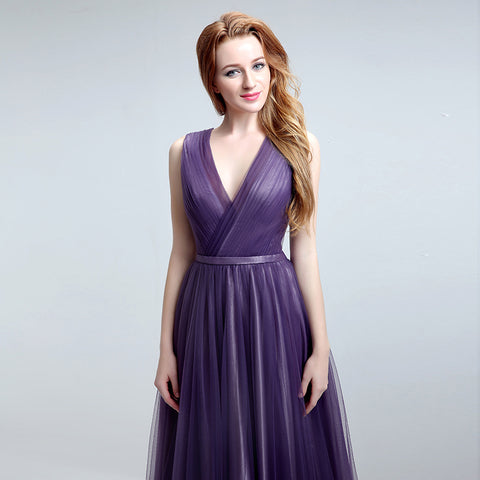 Elegant Sleeveless V - Neck Purple Maxi Dress with Flowing Tulle Prom Dress,LX148