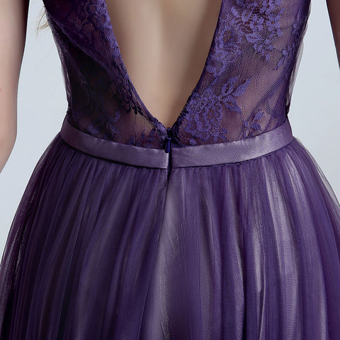 Elegant Sleeveless V - Neck Purple Maxi Dress with Flowing Tulle Prom Dress,LX148