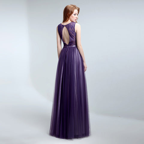 Elegant Sleeveless V - Neck Purple Maxi Dress with Flowing Tulle Prom Dress,LX148