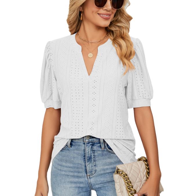 Summer casual V-neck solid color hollow bubble sleeve loose T-shirt