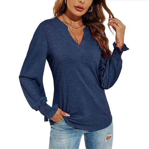 New V-neck patchwork loose autumn solid color top