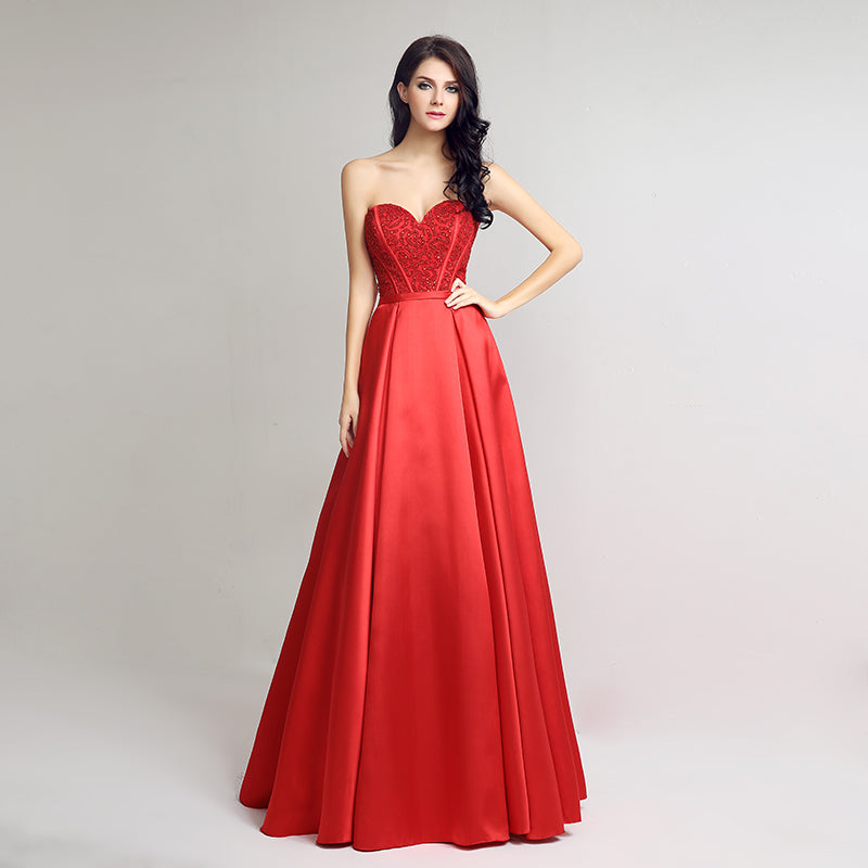 Elegant Strapless Red Ball Gown with Embroidered Bodice  Prom Dress,LX231