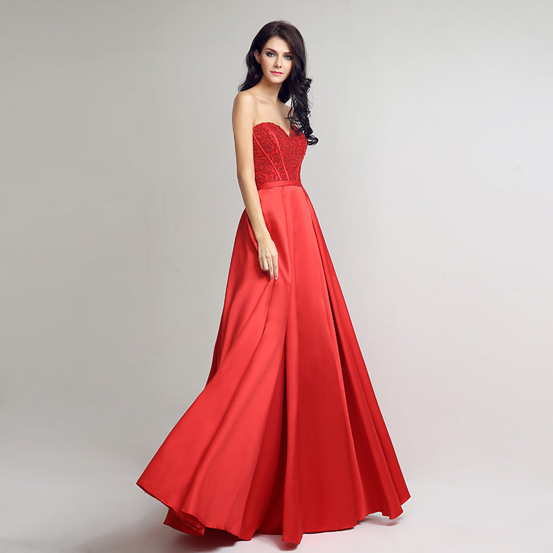 Elegant Strapless Red Ball Gown with Embroidered Bodice  Prom Dress,LX231