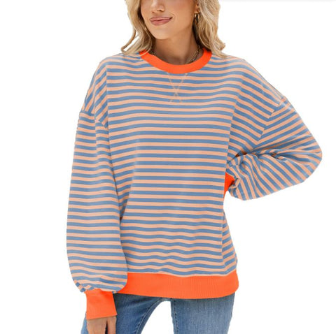 Autumn and winter striped round neck contrasting loose long sleeved sweatshirt jacket for women