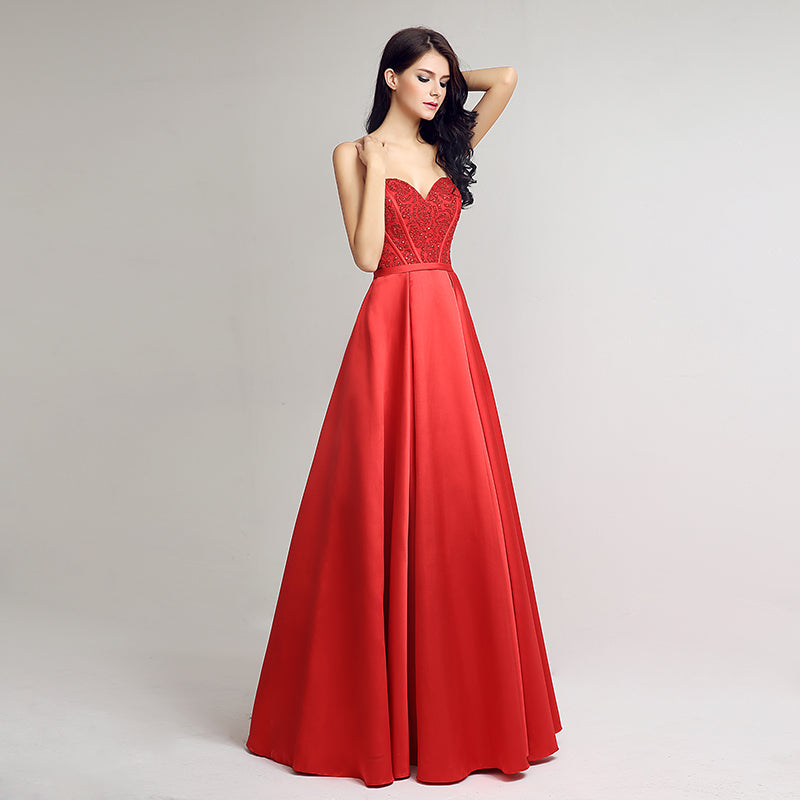 Elegant Strapless Red Ball Gown with Embroidered Bodice  Prom Dress,LX231