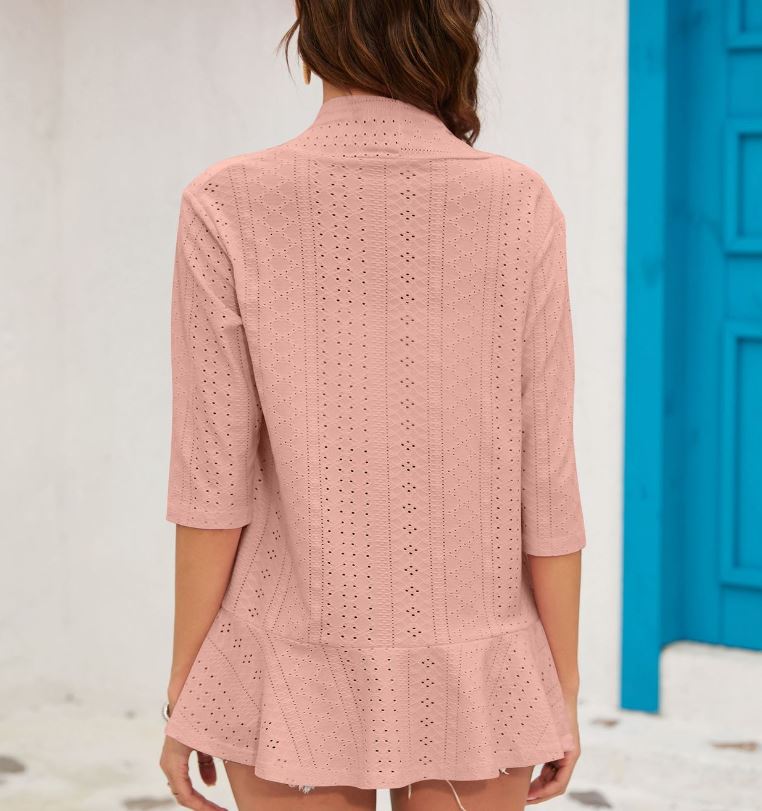 Summer new solid color cardigan jacket with three quarter sleeves and ruffle edge top