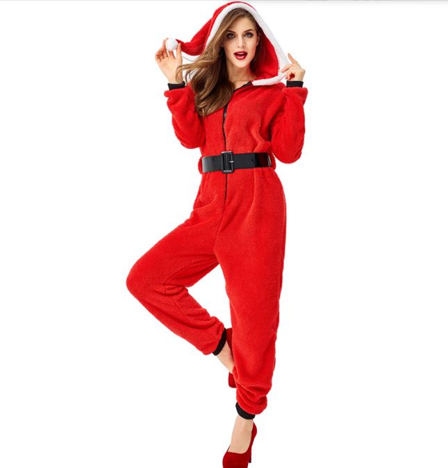 Women's red hooded jumpsuit Christmas outfit