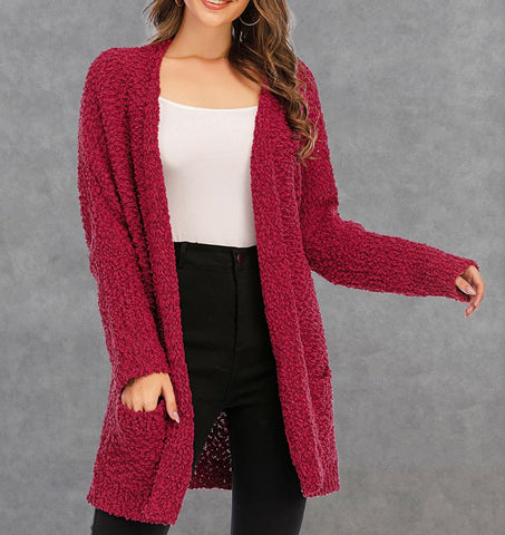 Winter new plus size knitted double pocket cardigan mid length sweater