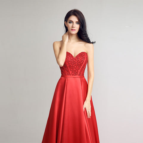Elegant Strapless Red Ball Gown with Embroidered Bodice  Prom Dress,LX231