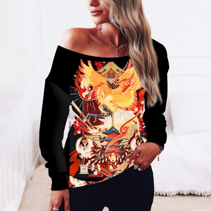 Long sleeved 3D digital printed women's shoulder sweatshirt