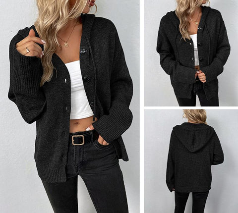 Solid color hooded single breasted autumn and winter drawstring knit sweater jacket