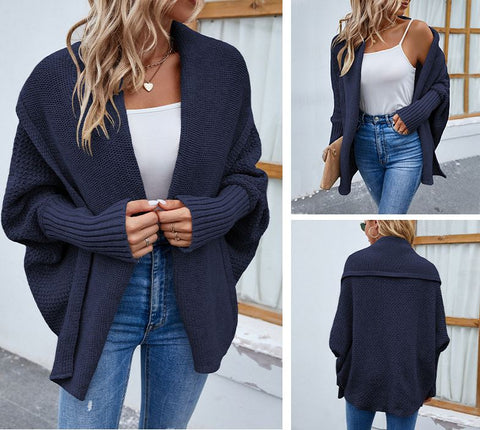 Autumn and Winter New Women's Solid Color Bat Sleeve Cardigan Coat