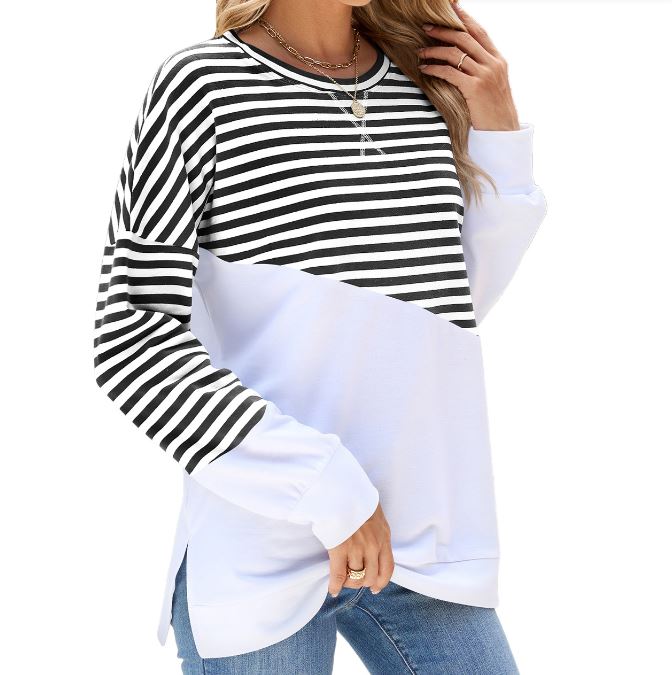 Autumn and winter new solid color round neck contrasting striped long sleeved sweatshirt jacket for women