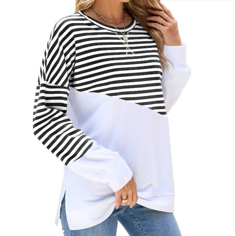Autumn and winter new solid color round neck contrasting striped long sleeved sweatshirt jacket for women