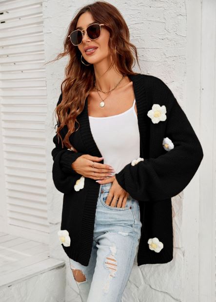 Large size flower cardigan lantern sleeve knitted sweater