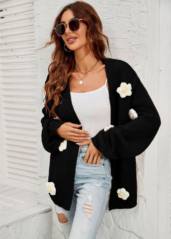 Large size flower cardigan lantern sleeve knitted sweater