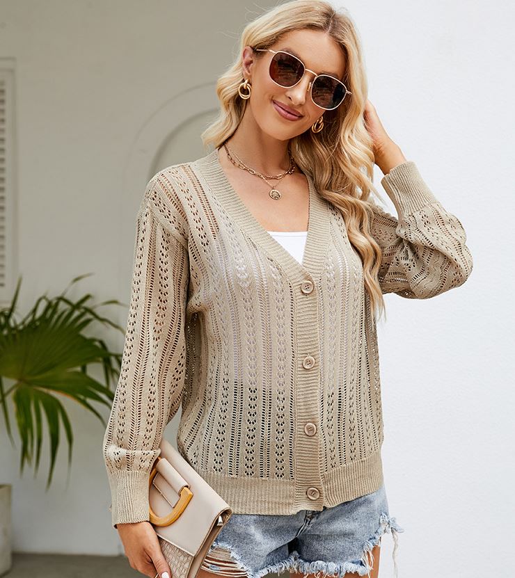2024 temperament hollow V-neck knitted sweater