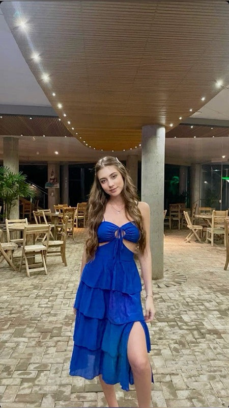 Sleeveless Blue Prom Party Dress with Split