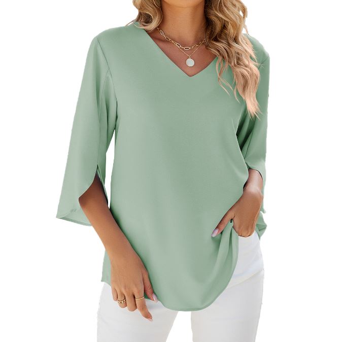Spring/Summer New Solid Color V-neck Mid Sleeve Loose Chiffon Women's Top
