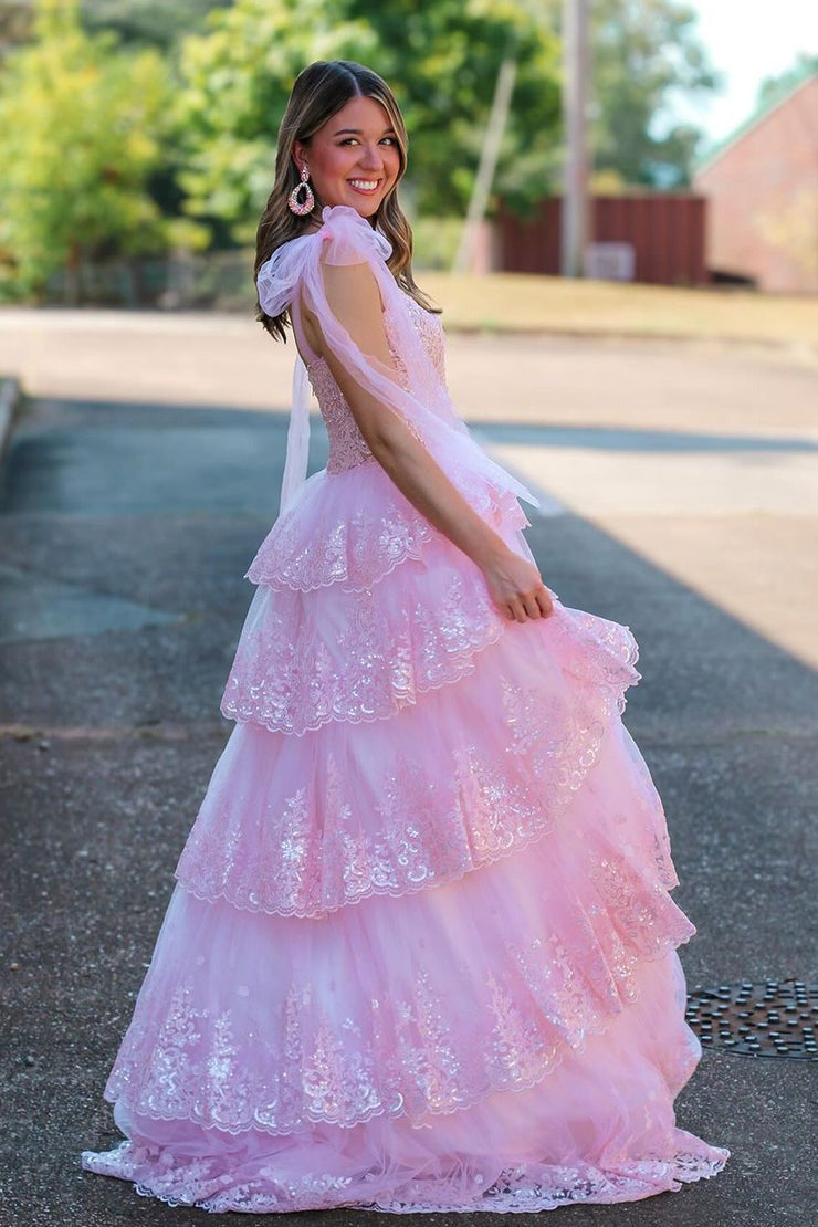 Fairy V Neck Pink Tulle A Line Long Prom Dresses with Appliques