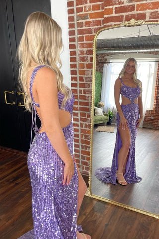 Purple Mermaid Scoop Neck Sequins Long Prom Dresses with Slit