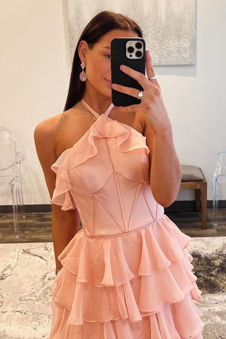 Halter Pink Ruffle Tiered Chiffon A-Line Long Prom Dress