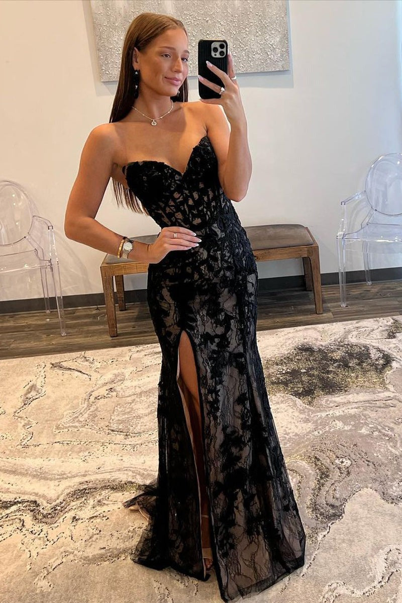Lace Strapless  Prom Dress with Slit