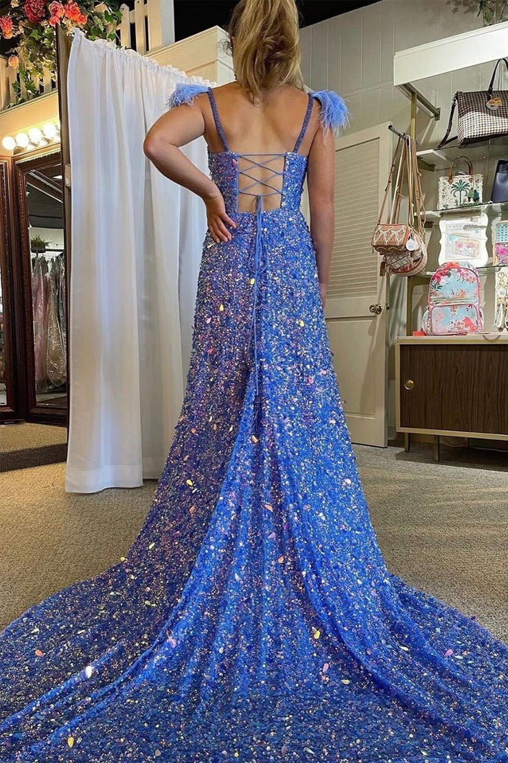 V Neck Blue Sequins A-Line Long Prom Dress with Slit