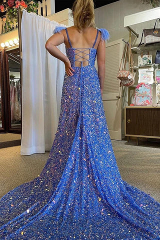 V Neck Blue Sequins A-Line Long Prom Dress with Slit