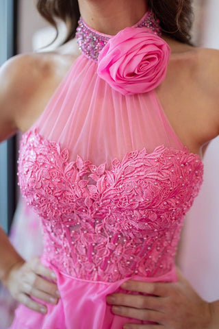 Long Pink Halter Tiered Chiffon Prom Dresses with Appliques
