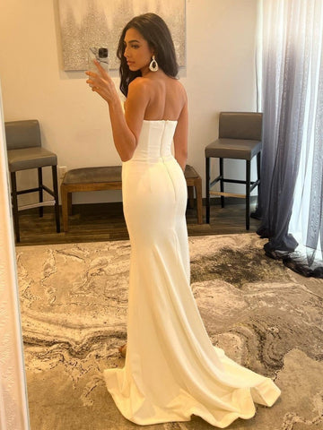 V Neck Strapless  Long Prom Dress With Slit
