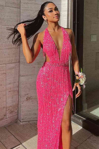 Plunging Black Side Cut-Out  V-Neck Long Prom Dress with Fringe