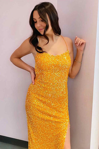 Glitter Straps Sequins Prom Gown with Slit