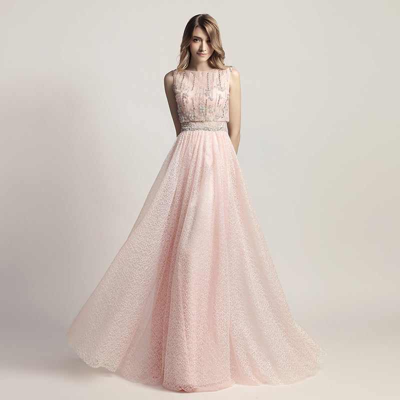 Charming Pink Sleeveless A - Line Ball Gown with Embellished Bodice and Tulle Prom Dress,LX446