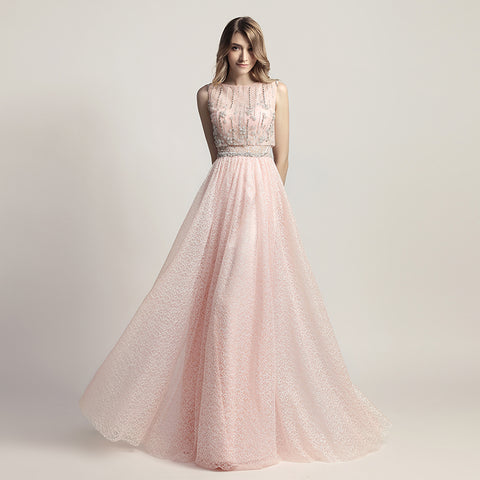Charming Pink Sleeveless A - Line Ball Gown with Embellished Bodice and Tulle Prom Dress,LX446