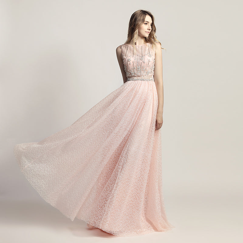 Charming Pink Sleeveless A - Line Ball Gown with Embellished Bodice and Tulle Prom Dress,LX446