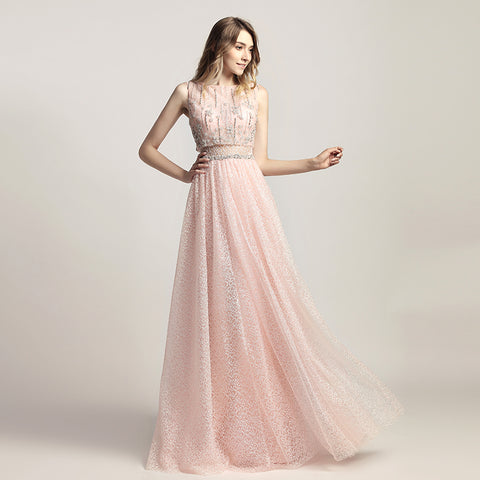Charming Pink Sleeveless A - Line Ball Gown with Embellished Bodice and Tulle Prom Dress,LX446