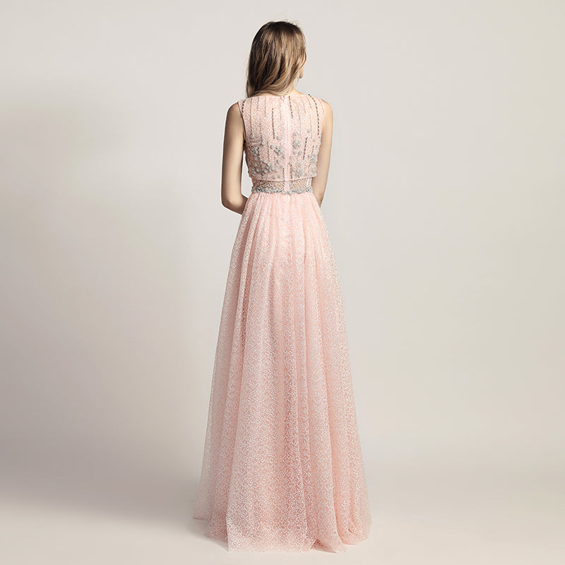 Charming Pink Sleeveless A - Line Ball Gown with Embellished Bodice and Tulle Prom Dress,LX446