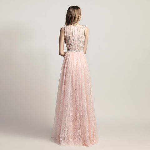 Charming Pink Sleeveless A - Line Ball Gown with Embellished Bodice and Tulle Prom Dress,LX446