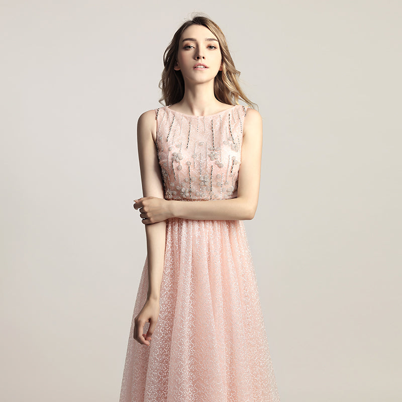 Charming Pink Sleeveless A - Line Ball Gown with Embellished Bodice and Tulle Prom Dress,LX446