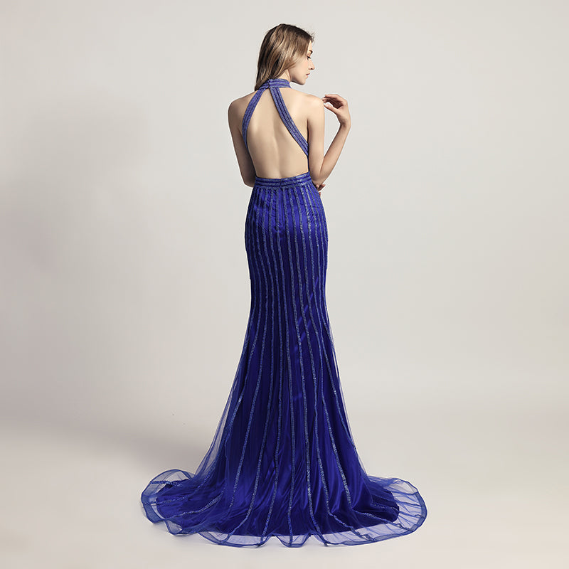 Stunning Royal Blue Halter V - Neck Mermaid Gown with Vertical Sequin Stripes Prom Dress,LX479
