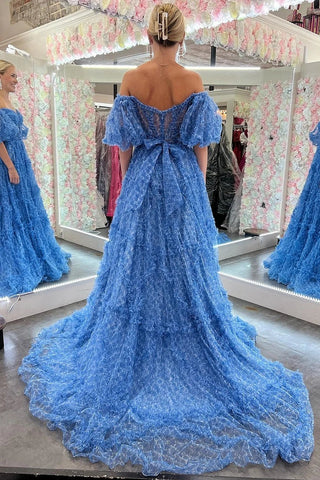 Blue Corset Long Tulle Floral A-Line Prom Dress with Ruffles
