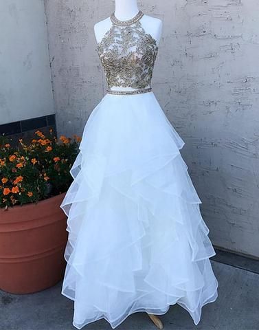 Exquisite Halter Neck Embroidered Tulle Long Dress
