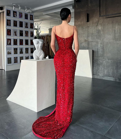 Red Sequins Long Prom Dresses Long Mermaid Evening Party Dresses