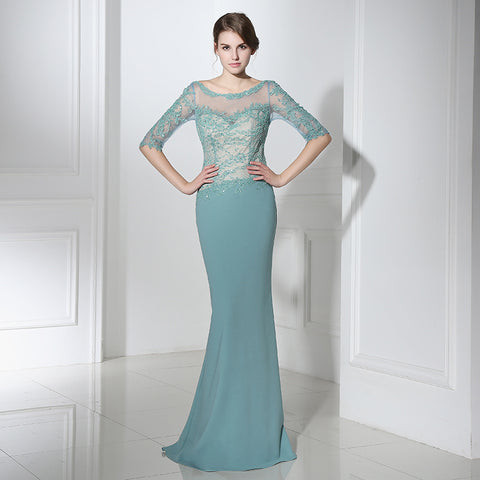 Graceful 3/4 - Sleeve Mermaid Gown in Turquoise with Lace - Embroidered Bodice Prom Dress,LX394